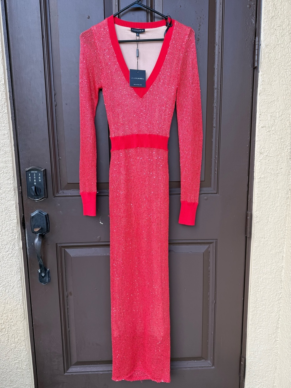 JLUXLABEL Red Sparkle V-Neck Long Sleeve Maxi